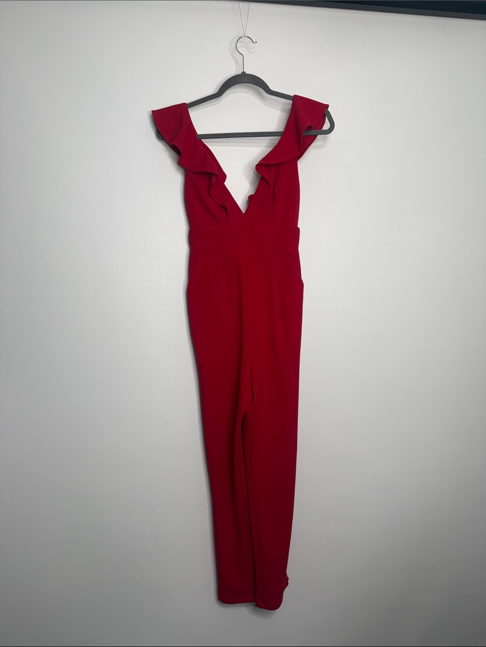 Lulu's Red V-Neck Ruffle Shoulder Jumpsuit - Picture 2 of 10